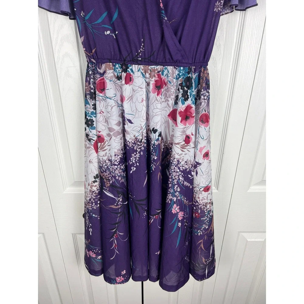 Floral Faux Wrap Midi‎ Dress Cottagecore Boho Romantic Purple Chiffon Small 4/6